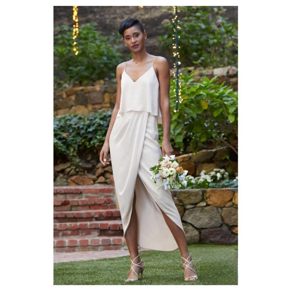 Shona Joy Women's Luxe Ruffle Frill Tulip Hem High Low Maxi Dress in Beige Tan
